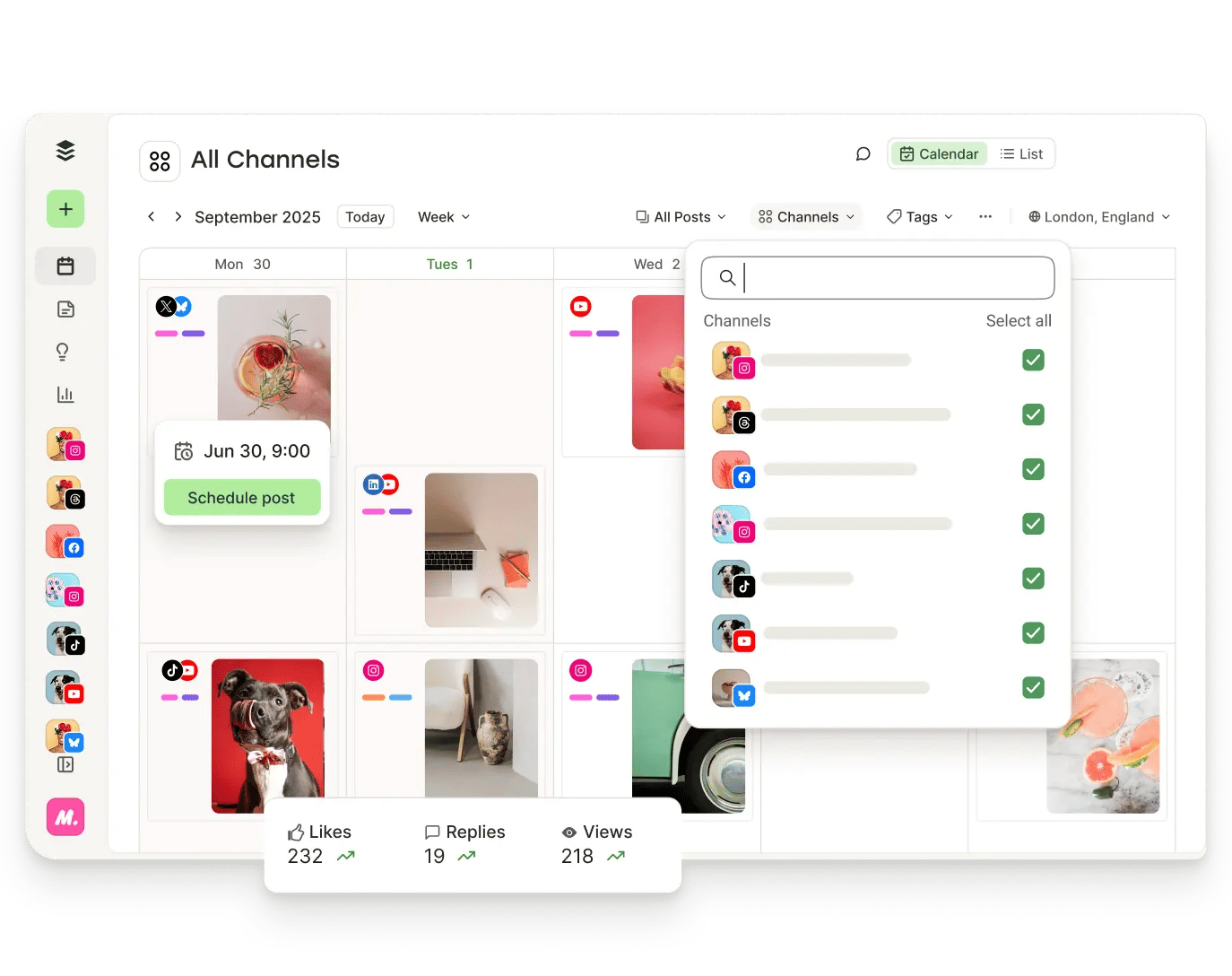 Calendario de Postlane con publicaciones programadas y filtros para agencias