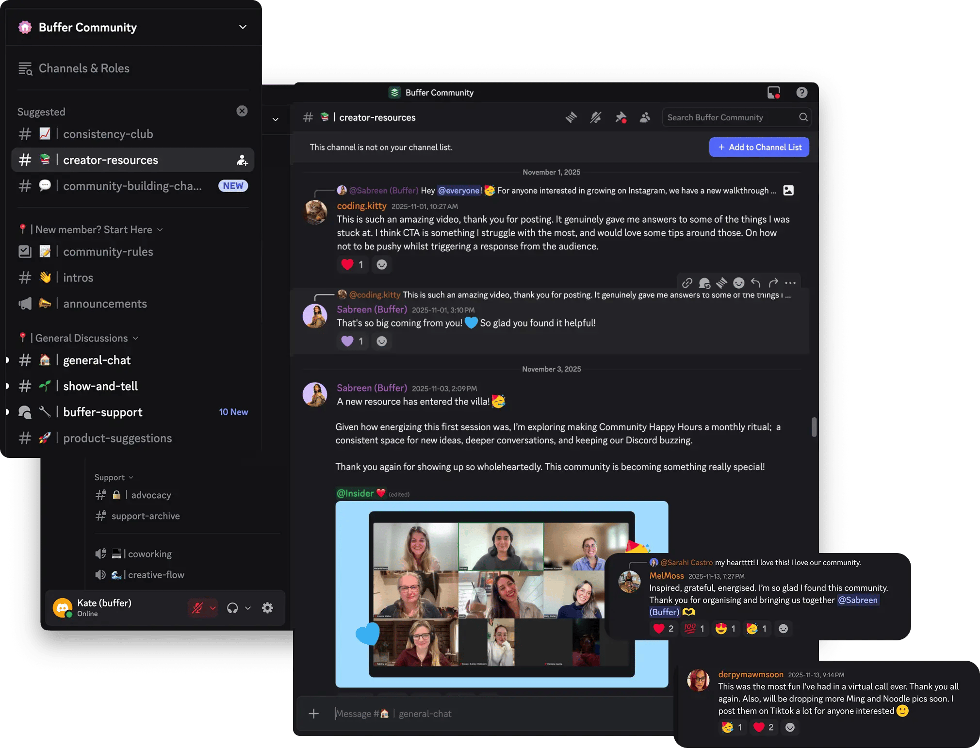 Discord de la comunidad de Postlane con canales de comunidad, conversaciones reales, show-and-tell y momentos en vivo.