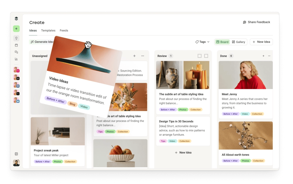 Tablero de ideas de contenido de Postlane Create