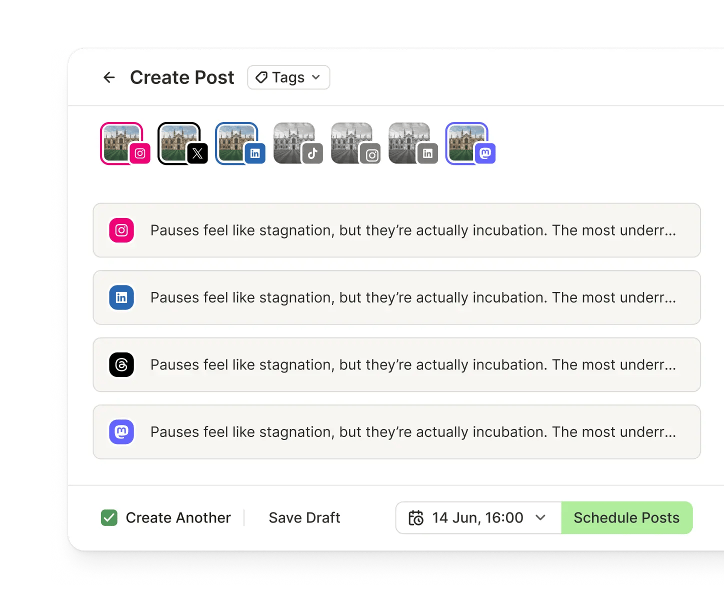 Editor de Postlane para crear y adaptar contenido a diferentes plataformas