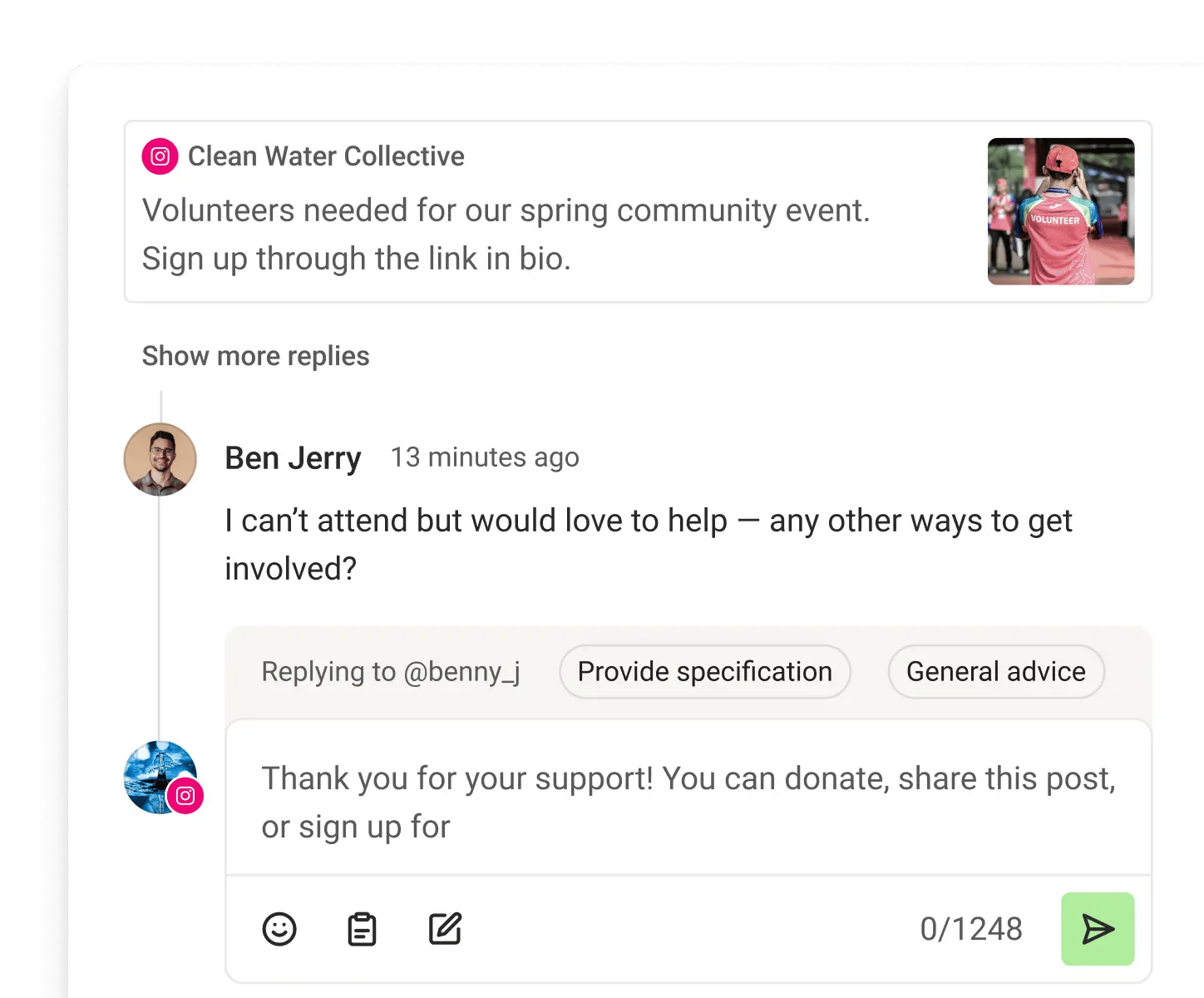 Vista de Comunidad de Postlane con comentarios recientes y respuestas sugeridas