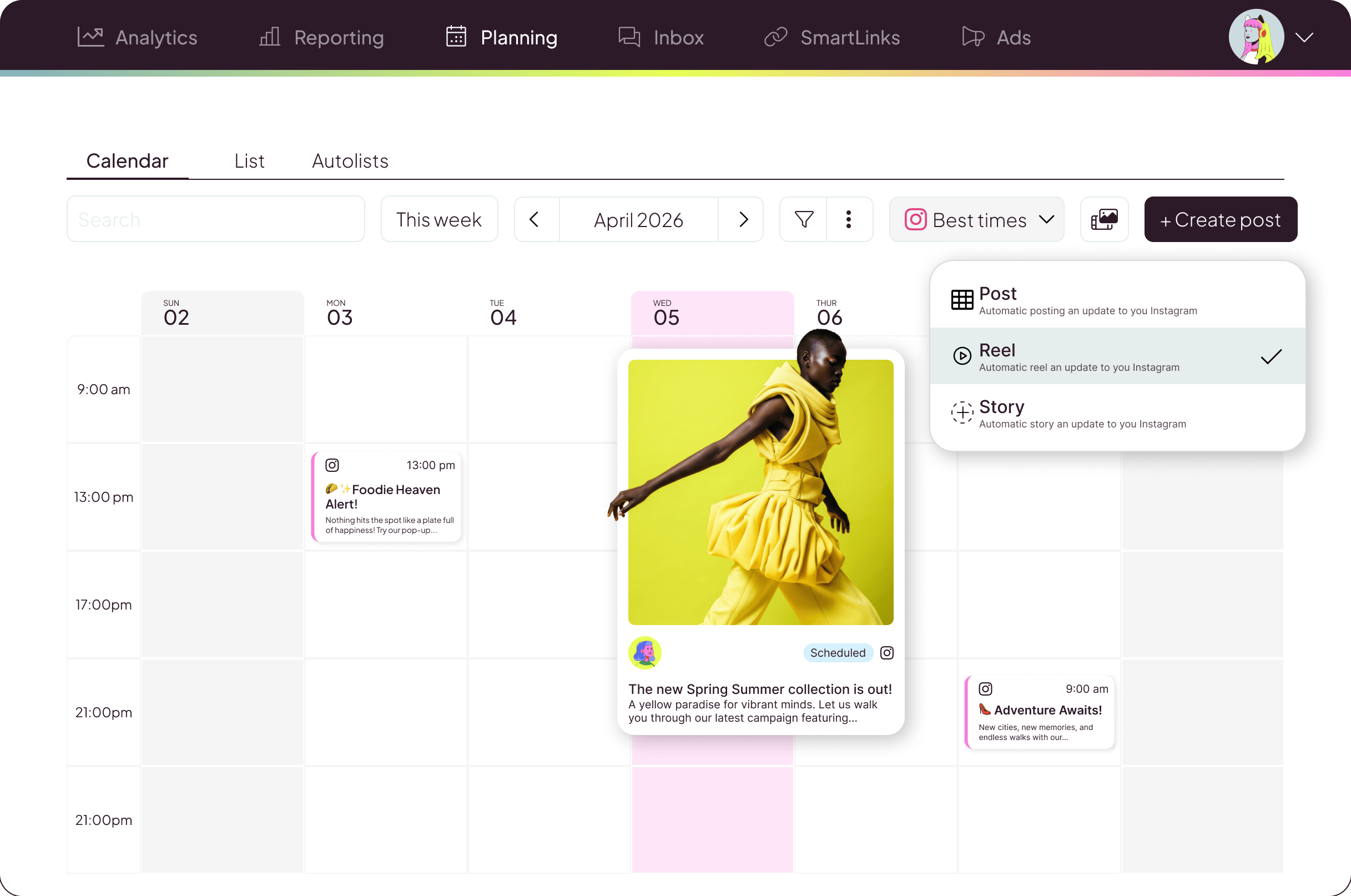 Planificador de Instagram en Postlane — vista calendario con posts programados