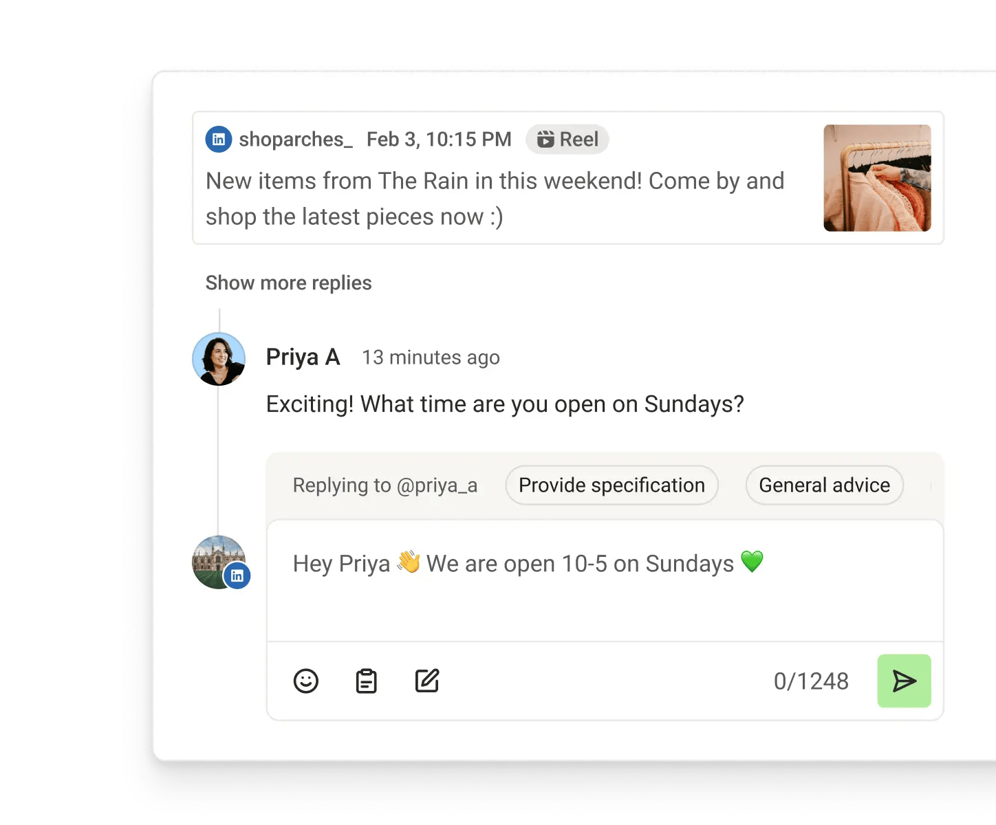 Vista de Comunidad de Postlane con comentarios recientes y respuestas sugeridas