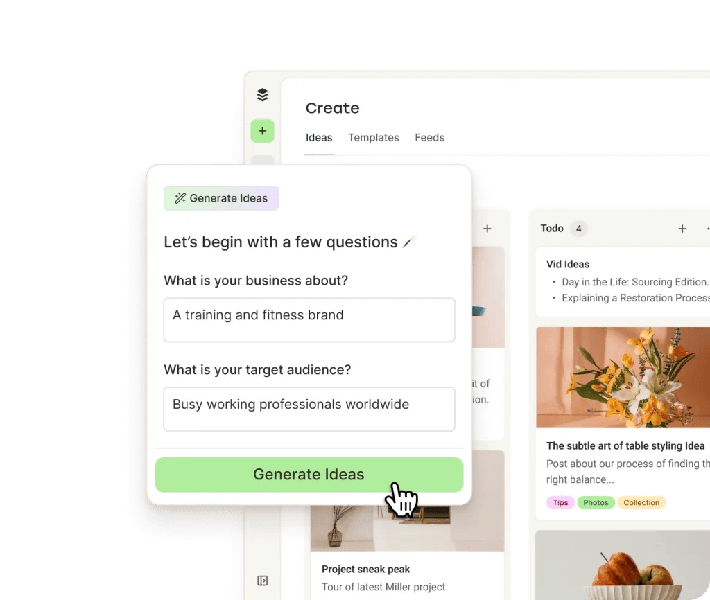 Asistente de IA de Postlane generando ideas de contenido