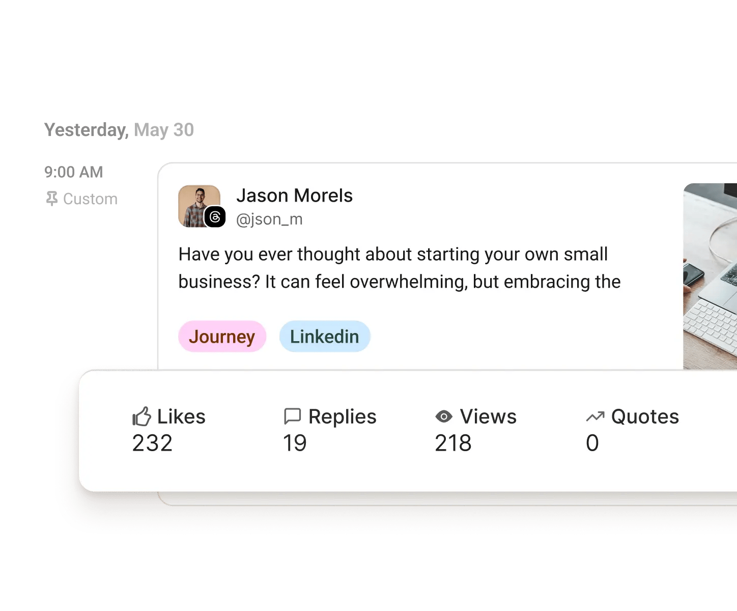 Vista de analíticas de Postlane con likes, respuestas, vistas y más por publicación