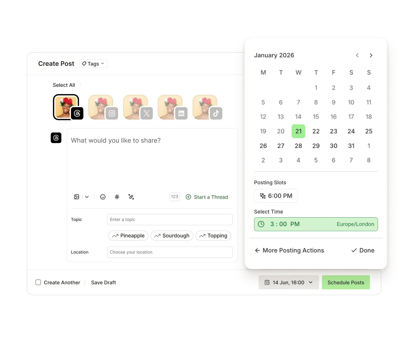 Vista de publicación de Postlane con programación para publicar en una fecha y hora futuras