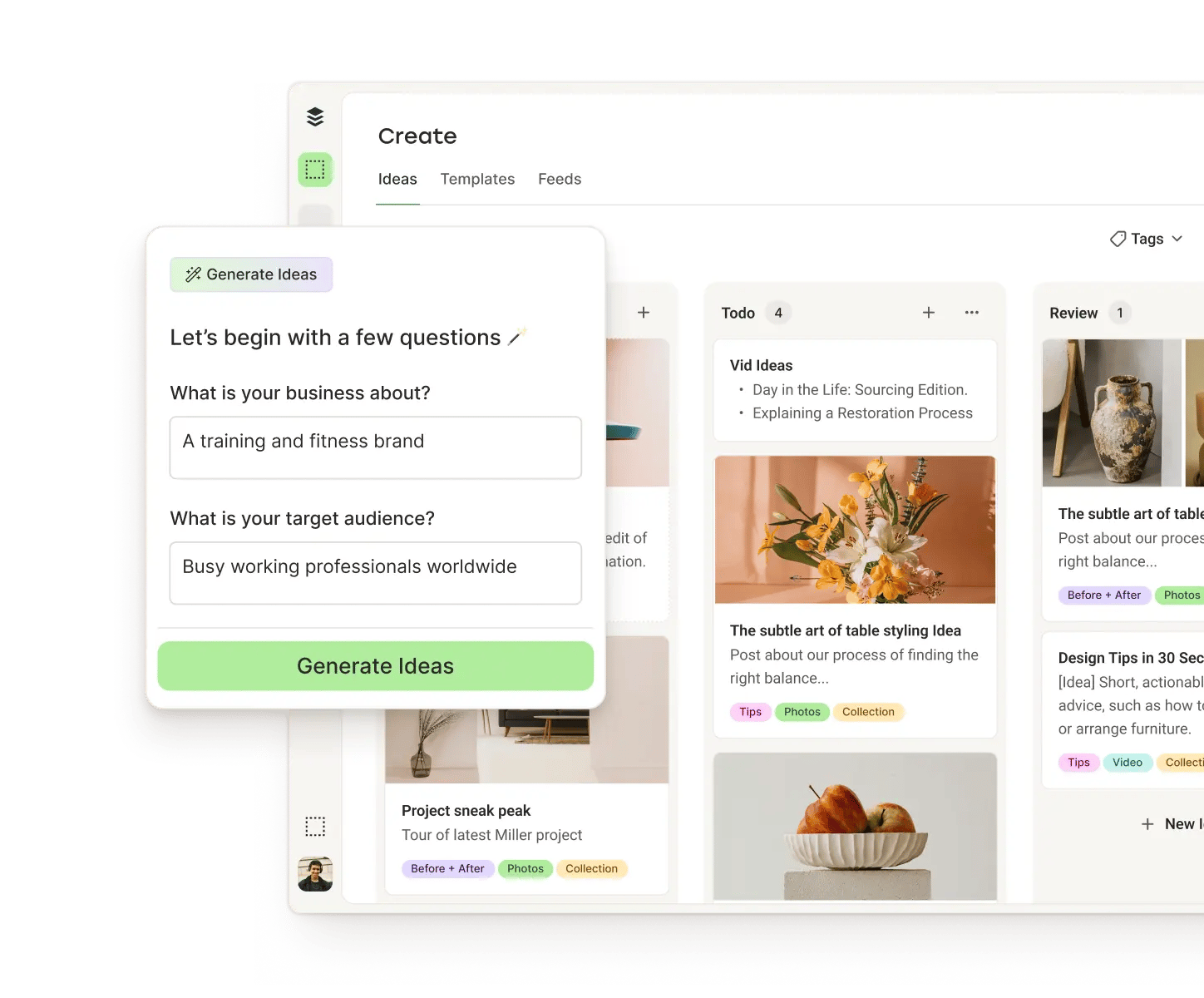 Vista de creación de Postlane con columnas para ideas, borradores y publicaciones junto con asistente de IA