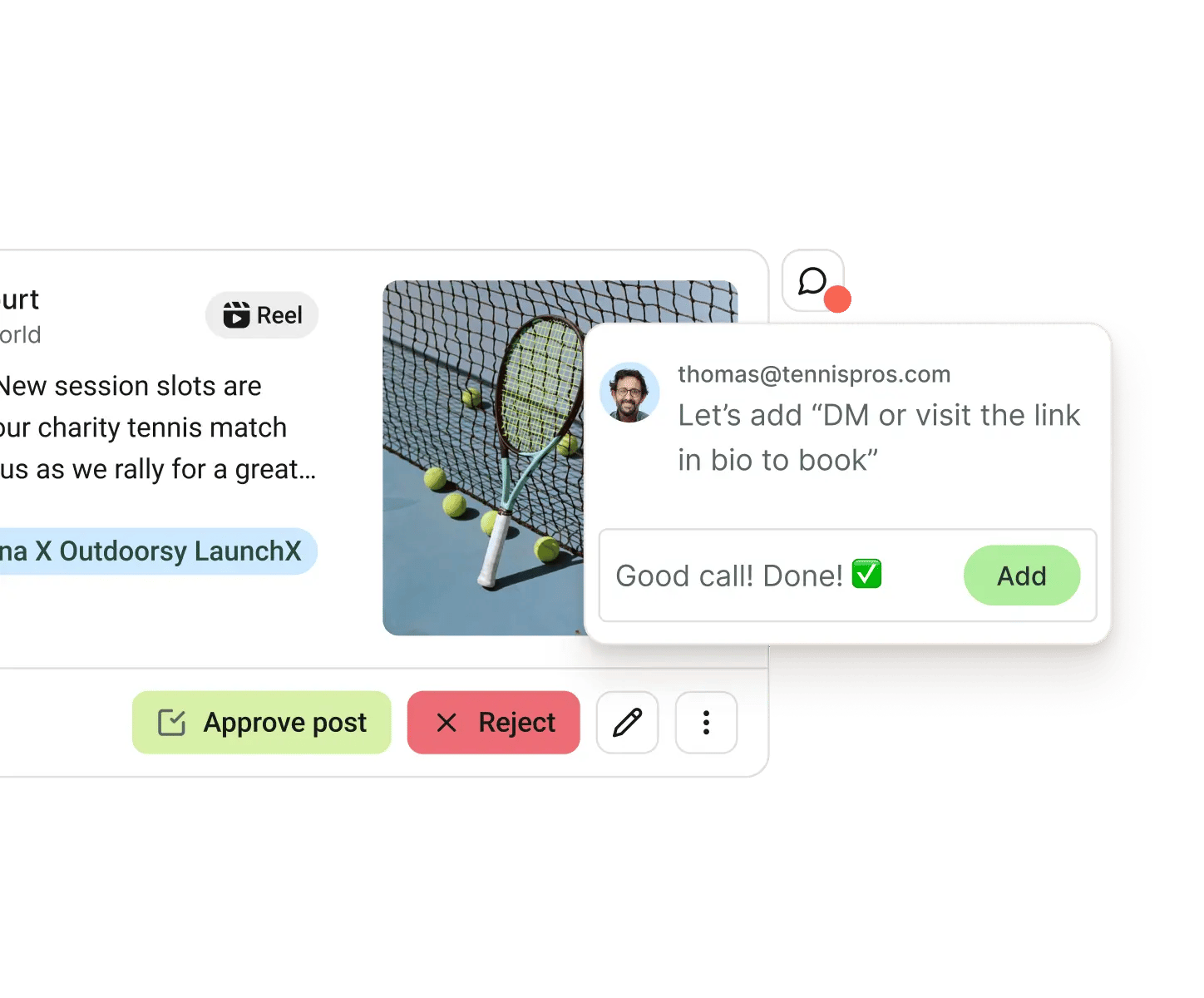 Vista de colaboración de Postlane con hilos de feedback y flujos de aprobación