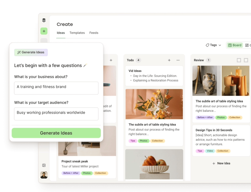 Espacio Create de Postlane con columnas y ordenación de ideas de contenido, incluido un AI Assistant para generar publicaciones y pulir contenido.