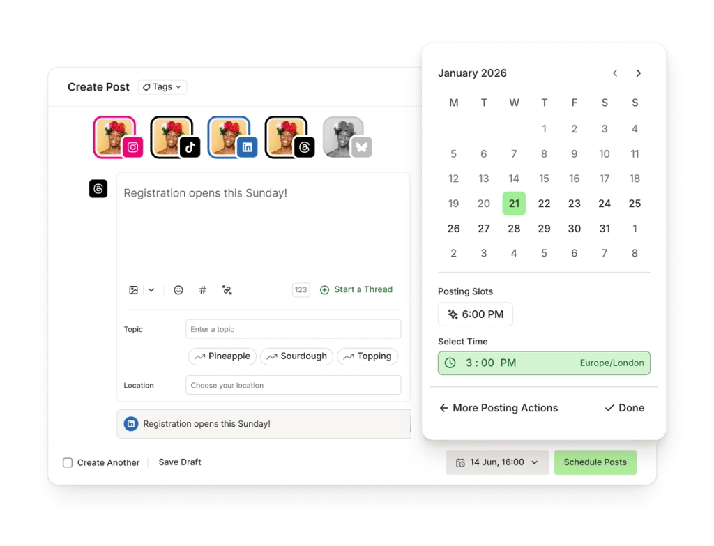 Espacio Publish de Postlane con una cola para varias cuentas de redes sociales, vista de calendario y opciones de programación.