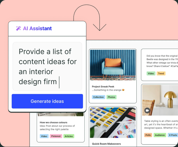 Tablero de ideas de Postlane con AI Assistant generando nuevas publicaciones