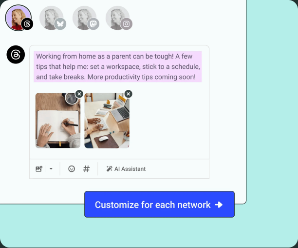 Compositor de Postlane con AI Assistant personalizando la publicación por red
