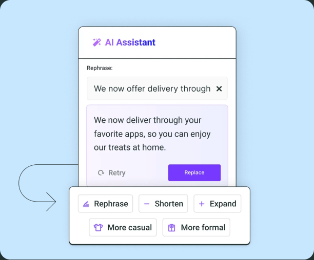 Generador de Postlane AI Assistant con opciones para reformular, acortar o ampliar